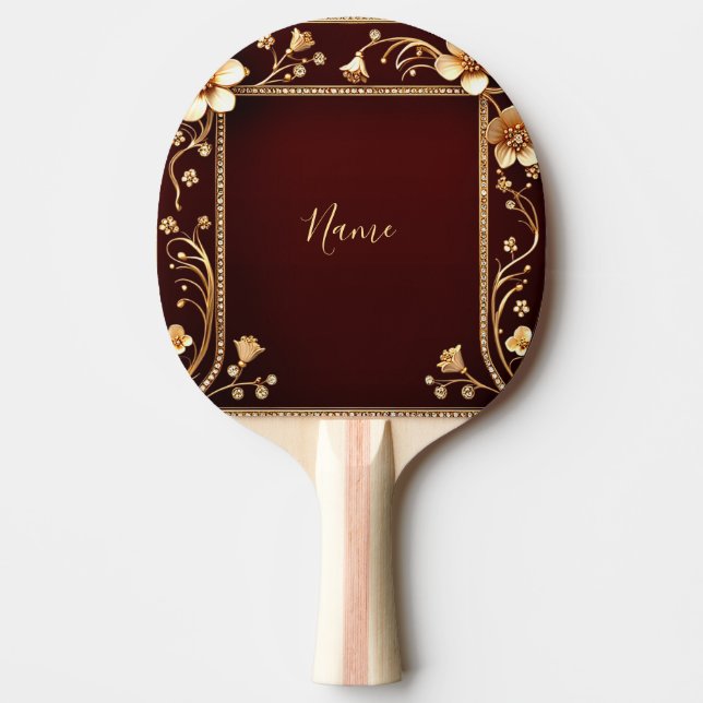 Burgundy Golden Flowers Ping Pong Paddle (Front)