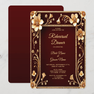 Burgundy Golden Flowers Rehearsal Dinner Invitation