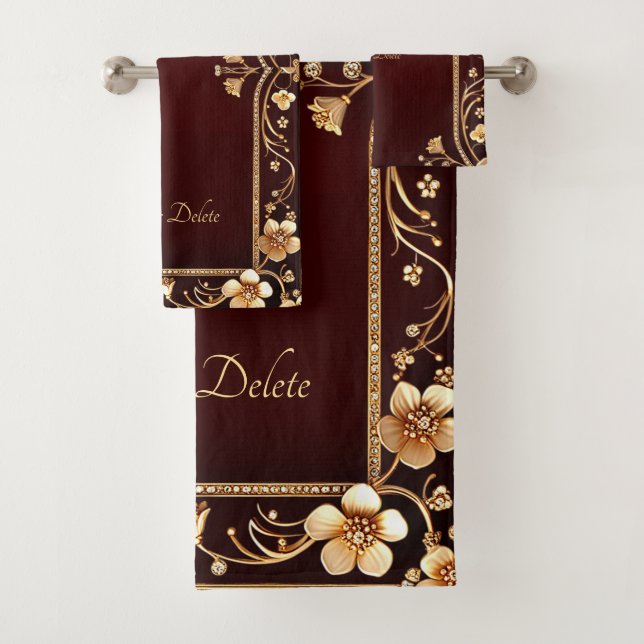 Burgundy Golden Flowers Towel Set (Insitu)