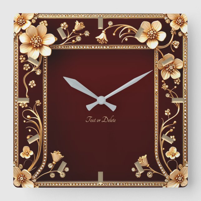 Burgundy Golden Flowers Wall Clock (Front)