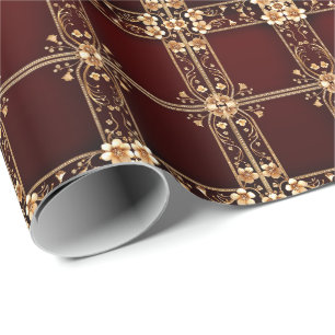 Burgundy Golden Flowers Wrapping Paper