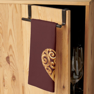 Burgundy Golden Heart Symbol of Love Kitchen Towel