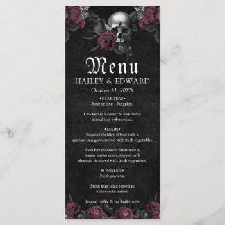 Burgundy Gothic  Floral Skull Halloween  Wedding Menu