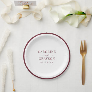 Burgundy Graceful Script Typography Wedding Paper Plate