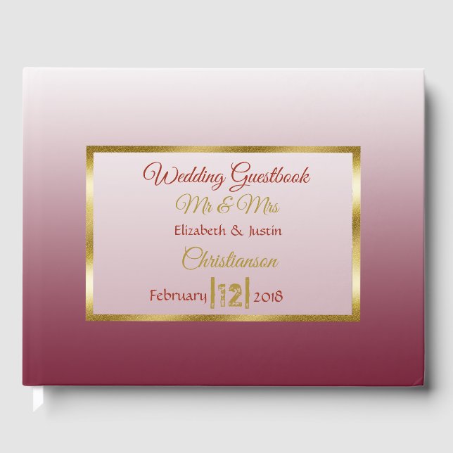 Burgundy Gradient and Gold Heart Wedding Book (Front)