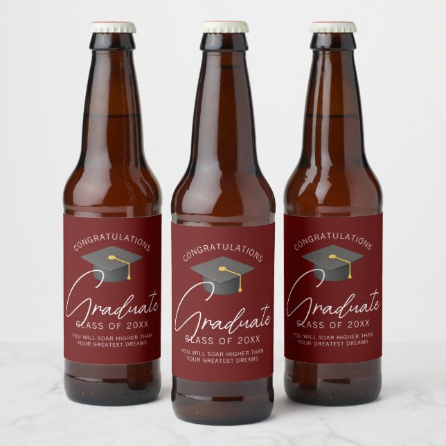 Burgundy Graduate Custom Graduation Party Beer Bottle Label (Bottles)