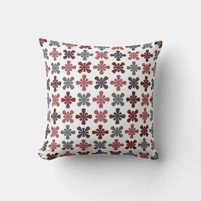 Burgundy Gray Maroon Abstract Flower Pattern Throw Pillow (Front)