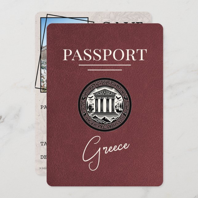 Burgundy Greece Passport Save the Date Card (Front/Back)