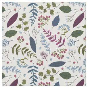 Burgundy Green Blue Leaves & Berries Fabric