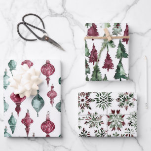 Burgundy Green Christmas Ornaments Trees Snowflake Wrapping Paper Sheet