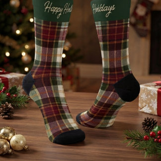 Burgundy & Green Christmas Plaid & Text Socks
