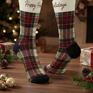 Burgundy & Green Christmas Plaid & Text Socks