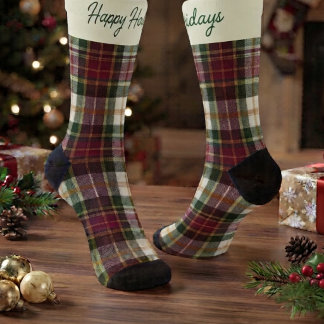 Burgundy & Green Christmas Plaid & Text Socks