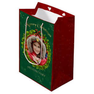 Burgundy & Green Christmas Wreath Photo Frame 2 Medium Gift Bag