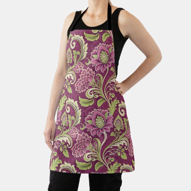 Burgundy & Green Floral Damask Apron (Insitu)