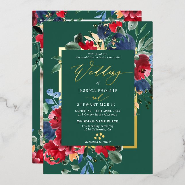 Burgundy green floral gold script photo wedding (Front/Back)