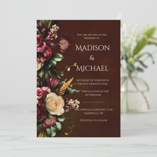 Burgundy & Green Floral Wedding Invitation (Standing Front)