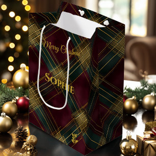 Burgundy, Green, & Gold Crisscross Plaid Christmas Medium Gift Bag
