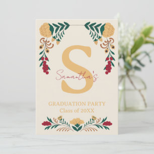 Burgundy Green Gold Flower Decorated Graduation Invitation