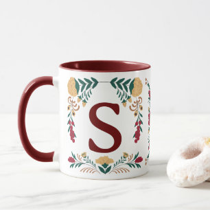 Burgundy Green Gold Flower Decorated Initial Mug