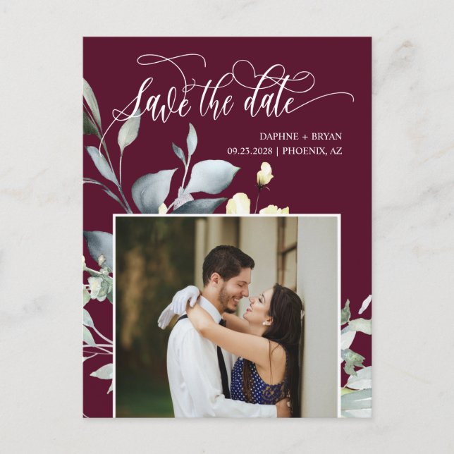 Burgundy Green Leaves QR Code Photo Save the Date Announcement Postcard (Front)