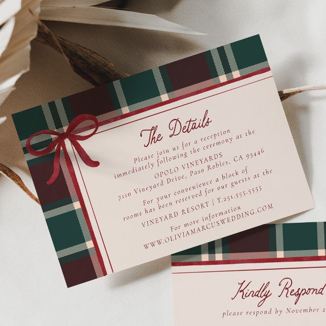 Burgundy Green Plaid Christmas Bow Wedding Details Enclosure Card (Burgundy green plaid Christmas wedding details card with red bow, classic winter info card.)