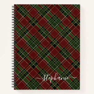 Burgundy Green Plaid Christmas Holiday Monogram Notebook