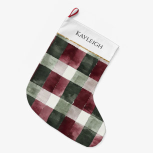 Burgundy Green Plaid Stripe Christmas Gold Glitter Large Christmas Stocking