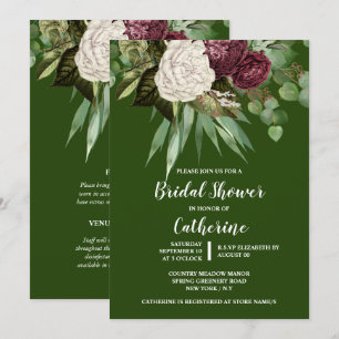 Burgundy green rose floral dark moody greenery Invitation