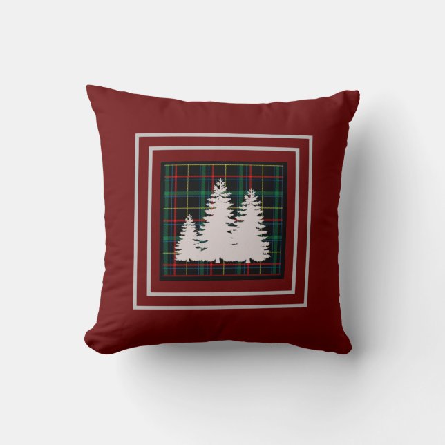 Burgundy Green Tartan  Plaid Pine Tree  Silhouette Throw Pillow (Front)