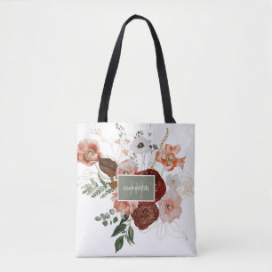 Burgundy & Green Watercolor Floral Personalized Tote Bag