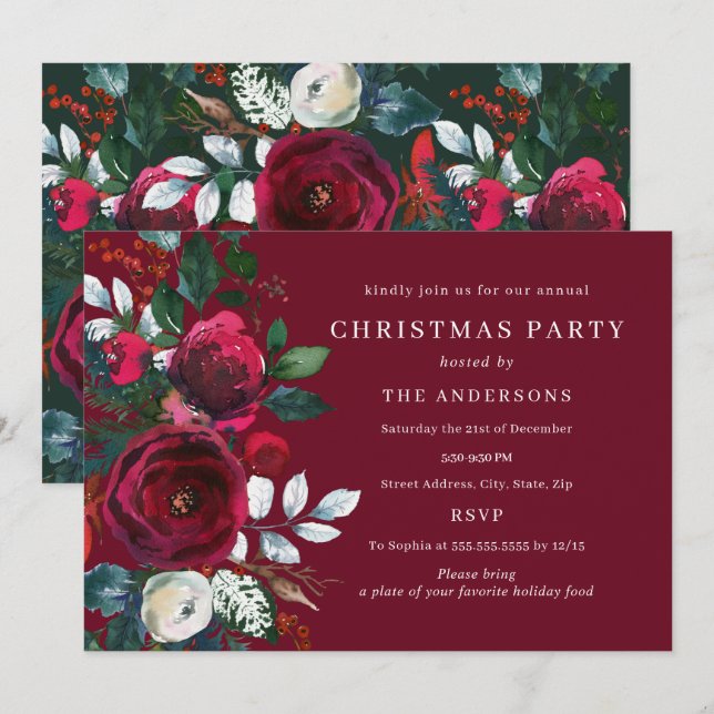 Burgundy Green Winter Foliage Christmas Party Invitation (Front/Back)
