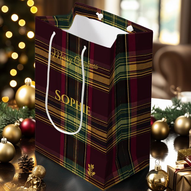 Burgundy, Green, & Yellow Plaid Christmas Holiday Medium Gift Bag (Creator Uploaded)
