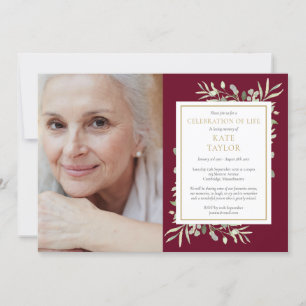 Burgundy Greenery Celebration of Life Photo Invitation