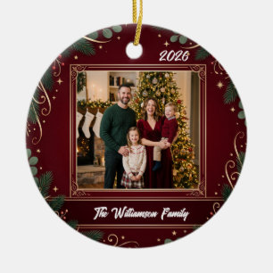 Burgundy Greenery Family Photo Christmas Ceramic Ornament