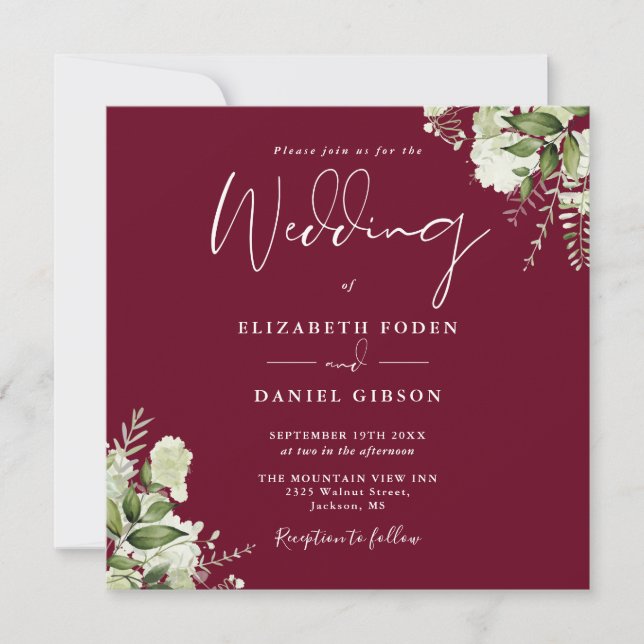 Burgundy Greenery Floral Monogram Square Wedding Invitation (Front)