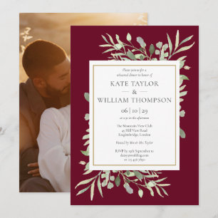 Burgundy Greenery Floral Photo Rehearsal Dinner Invitation