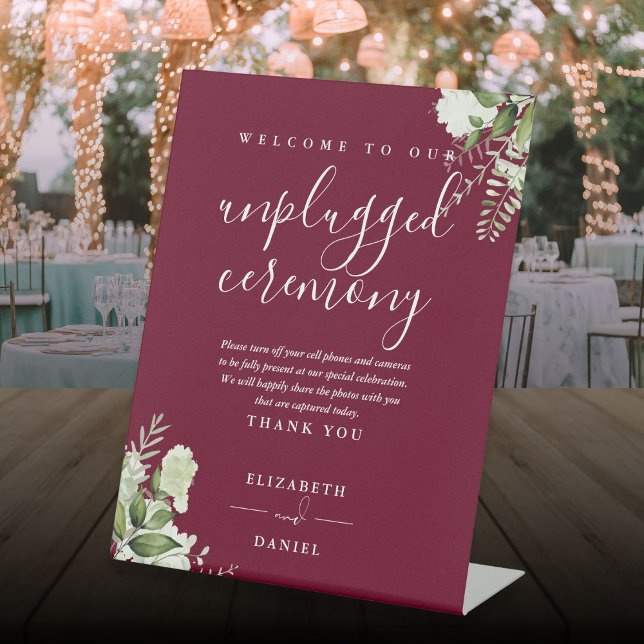 Burgundy Greenery Floral Unplugged Ceremony Pedestal Sign (Burgundy Greenery Floral Unplugged Ceremony Pedestal Sign)