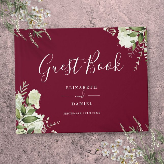 Burgundy Greenery Floral Wedding Guest Book (Burgundy Greenery Floral Wedding Guest Book)