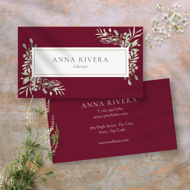 Burgundy Greenery Gold Geometric Professional Business Card (Burgundy Greenery Gold Geometric Professional Business Card)