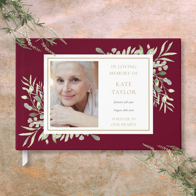  Burgundy Greenery In Loving Memory Photo Funeral Guest Book (Burgundy Greenery In Loving Memory Photo Funeral Guest Book)