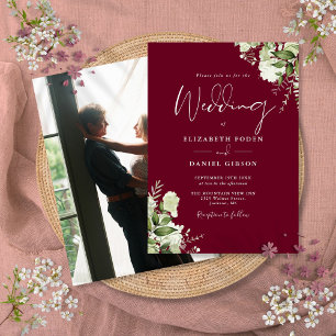 Burgundy Greenery Leaves Elegant Photo Wedding  Invitation