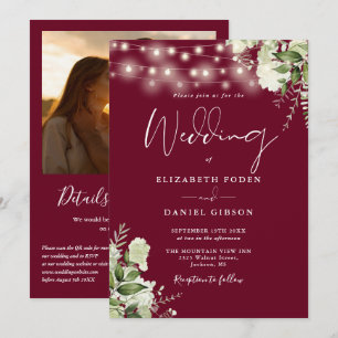 Burgundy Greenery Lights QR Code Photo Wedding Invitation