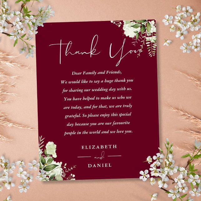 Burgundy Greenery Thank You Wedding Place Card (Burgundy Greenery Thank You Wedding Place Card)
