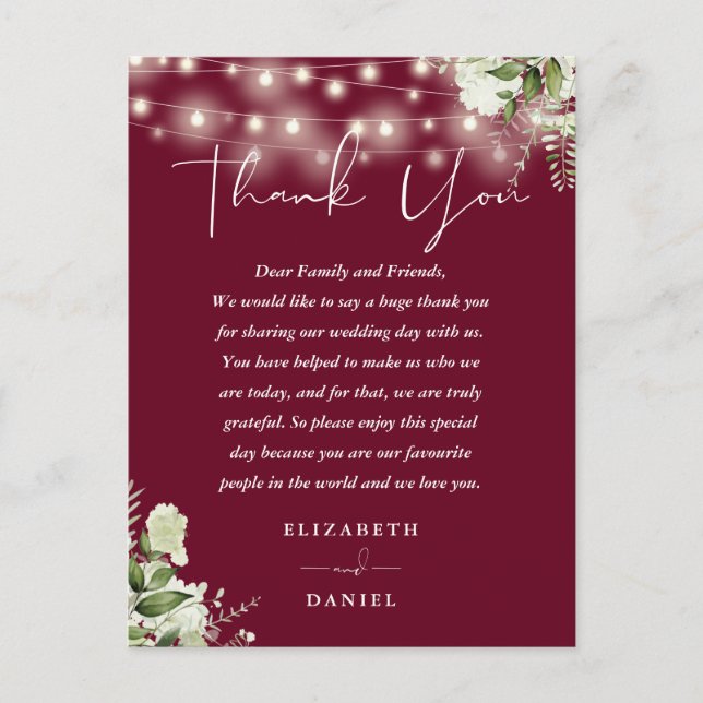 Burgundy Greenery Thank You Wedding Place Card (Front)