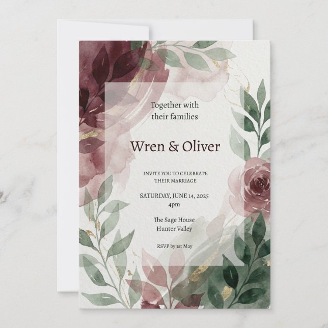 Burgundy Greenery Wedding Invitation (Front)
