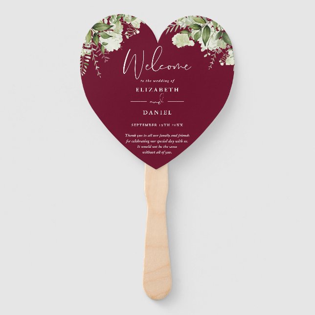 Burgundy Greenery Wedding Program Heart Hand Fan (Front)
