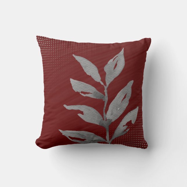 Burgundy & Grey Abstract Simple Watercolor Leaf Throw Pillow (Front)