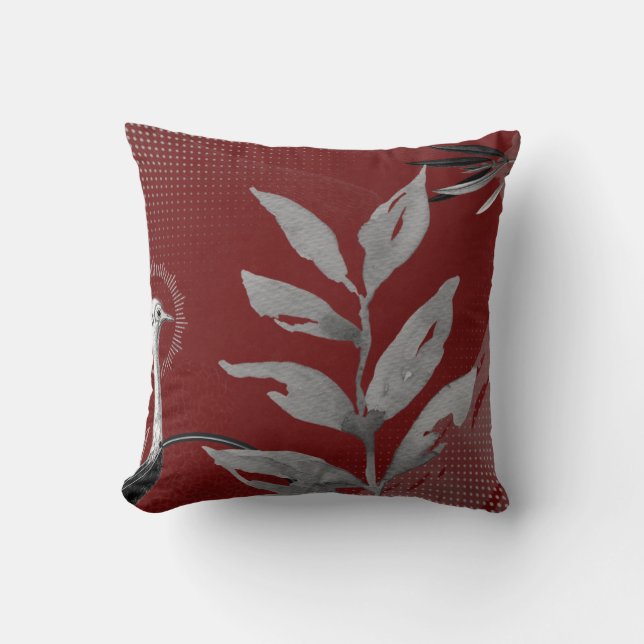Burgundy & Grey Abstract Watercolor Leaves Ostrich Throw Pillow (Front)