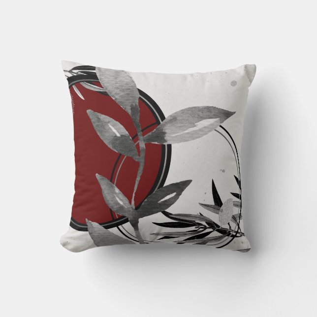 Burgundy & Grey Abstract Zen Watercolor Leaf Throw Pillow (Front)